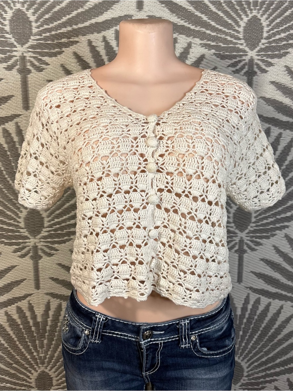 ⁠Vtg Y2K Crochet Knit Cardigan Crop Top Cream Ivory Boho Cottagecore Womens S